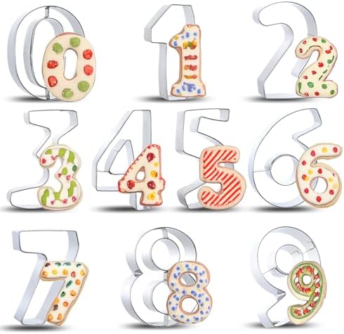 Wanmu 10 Pieces Stainless Steel Cookie Cutters, 3 Inches Number Cookie Cutters Set, Birthday Numbers Mould 0-9, Number Shaped Baking Tools for Homemaking Biscuits, Cookie, Dough