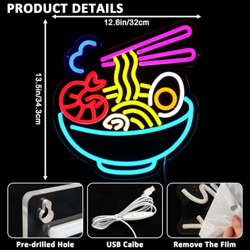 Image of Ramen Neon Sign for Wall Decor, Seafood Noodles Led Signs for Business, USB Dimmable 13.5 inch x 12.6 inch Neon Lights for Japanese Resturant Bar Kitchen Party Ramen Shop Wall Art