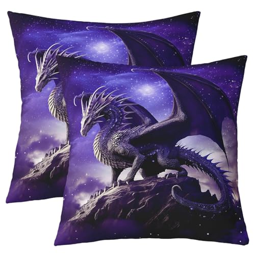Homewish Lot de 2 Dragon Holding Oreiller 55x55,Western Ptérosaure Taie d'oreiller,Dream Dragon Animal Galactic Shining Star Soft Housse de Coussin,Violet...