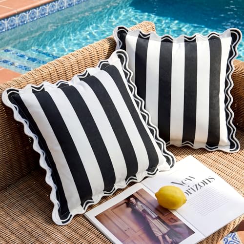JOJOGOGO 18x18 Black and White Striped Scalloped Outdoor Throw Pillows Waterproof & Fade-Resistant Set of 2, Neutral Embroidered Ruffle Pillow Covers Decorative for Couch Porch & Patio Furniture