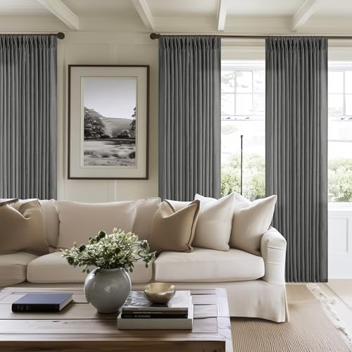 Image of Charcoal Grey Pinch Pleated Linen Sheer Curtains 90 Inches Long 2 Panels