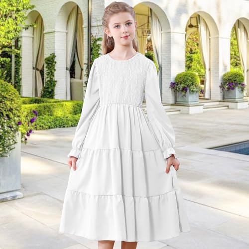 Neutocd Girls Dresses Long Sleeve Crewneck Tiered A Line Midi Smocked Ruffle Flowy Fall Winter Dresses for Girls2