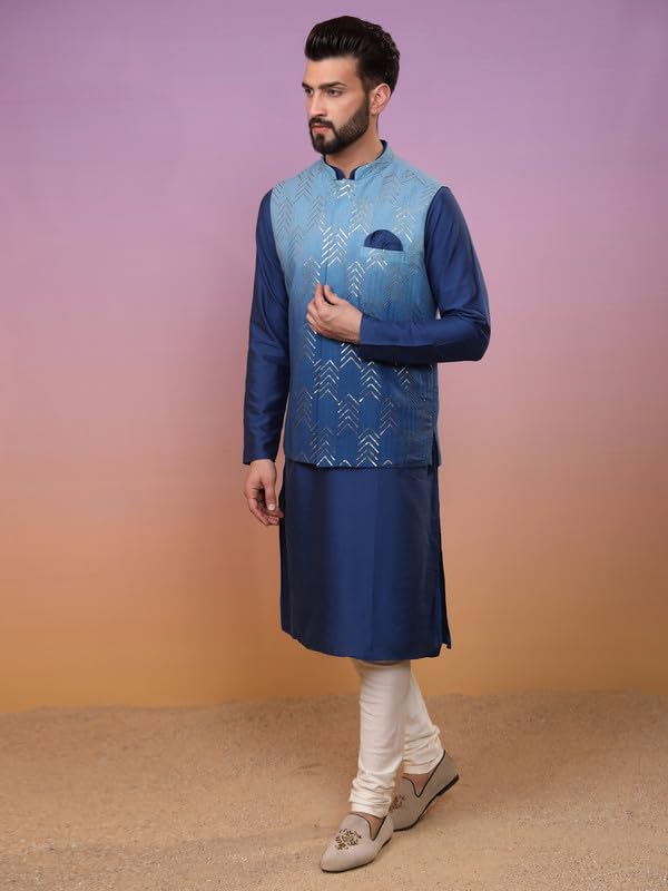 Image of KISAH Men's Navy Blue Printed Cotton Kurta - Regular Fit Long Tunic with Mandarin Collar | Ethnic Wear for Weddings & Festive Occasions