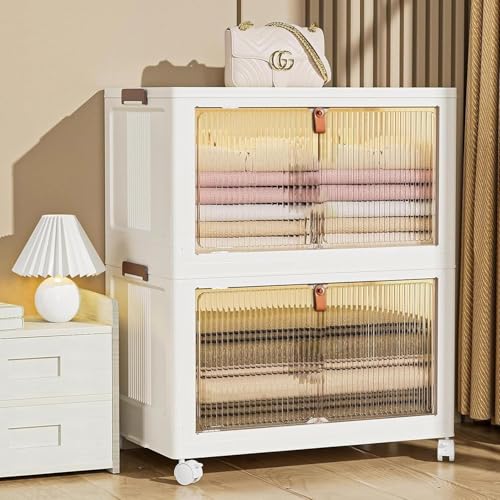 Image of EXVITO 2 Tier Stackable Kitchen Storage Drawer Organizer Cabinet with Transparent Doors, Multi-Layer Storage Bin, Space-Saving Pantry Organizer, Cupboard for Clothes, Storage Rack - White
