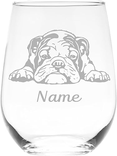 English Bulldog themed with name 17 oz. stemless wine glass