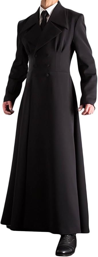 Mens Double Breasted Trench Coat, Slim Fit, Notched Lapel, Ankle Length, Black, Lined