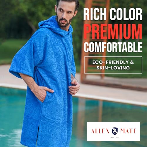 Image of ALLEN & MATE 100% Cotton Hooded Surf Poncho Changing Robe - Quick Absorbent Changing Towel with Pocket for Surfing Men Women