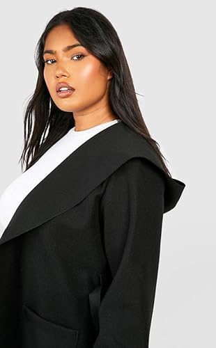 Women's Long Hooded Wool Look, Black Belted Overcoat, Classic Double-Breasted Design with Pockets, Winter Outerwear (XL)