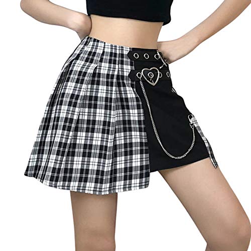 Gilrs Saia feminina de verão xadrez irregular plissada Harajuku Gótico cintura alta saia evasê, Pret