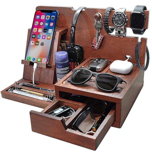 LOVY Wood Phone Docking Station Phone Smart Watch Earbuds Tablet Stand Nightstand Organiser Gift for Him Dad Birthday Gift Men Birthday Gift Anniversary Present Key Holder Wallet Stand (With Drawer)