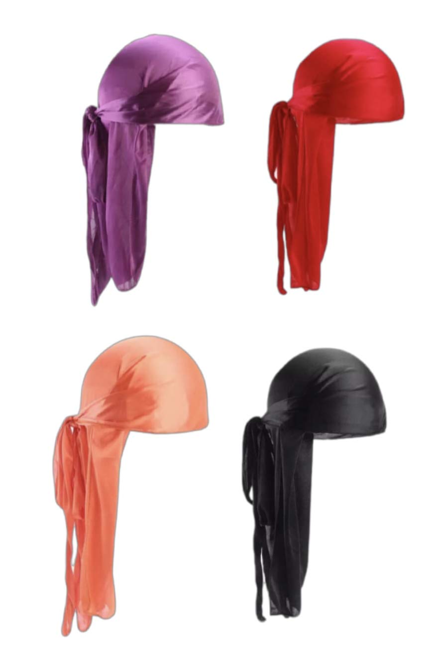 4pc Men Silky Durag Long Straps Bandanas for Men Headwear Waves Cap for hair waves