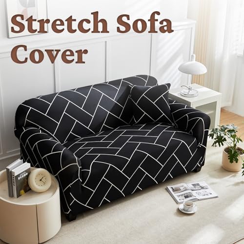 Ausing Printed Couch Slipcovers Modern Stretch Sofa Cover with One Pillow Case Washable Fashion Furniture Protector for Living Room Universal Easy Fitted(Black Line,4 Seater) by Ausing - Image 2