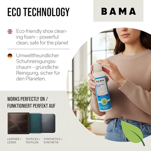 BAMA Cleaning Foam - Pianka Czyszcząca Bama do Butów, Toreb i Kurtek - Pianka Czyszcząca z Technologią Odpychania Zabrudzeń, Eko Pianka Czyszcząca do Butów, 150ml