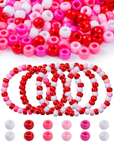 Taybonds 1000+ Pcs Valentines Day Pony Beads, 5 Pink-Red-White Colors, Plastic Kandi Beads for Bracelet Making, Hair Braids, Necklaces, Key Chains, Jewelry, and DIY Crafts, Party