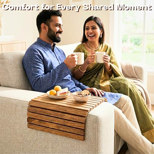 Image of Classyo Sofa Armrest Tray, Sofa Arm Tray - Dining Table Mats Flexible & Foldable - Suitable for Food, Drinks, Snacks, Cup- Acacia Wood (11 in x 17 in)