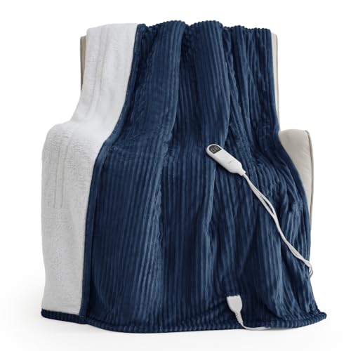 Image of Bedsure Ribbed Heated Blanket Throw XL, Navy Electric Blanket, Preheat