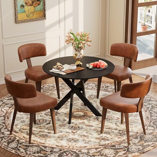Image of Wood Dining Table Set for 4, 36 inch Round Kitchen Table with 4 Faux Leather Dining Chairs, MDF Tabletop with Metal Legs, Ergonomic Dining Chair with Metal Legs(Black Table with Brown Chairs)