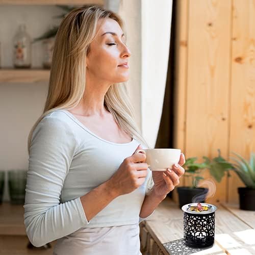 Miniatura 4 de Quemador de incienso de hierro negro con tamiz de altura de 3.15 pulgadas hecho a mano para quemar incienso con una vela de té