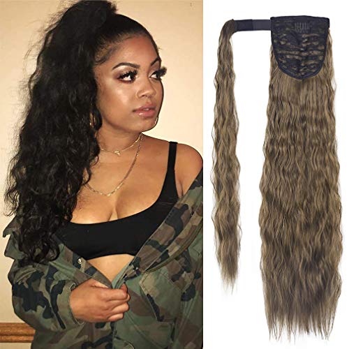 SEIKEA 24 Inch Clip in Ponytail Extension Wrap Around Long Wavy Curly Pony Tail Hair Fluffy Synthetic Hairpiece for Women - Light Ash Brown