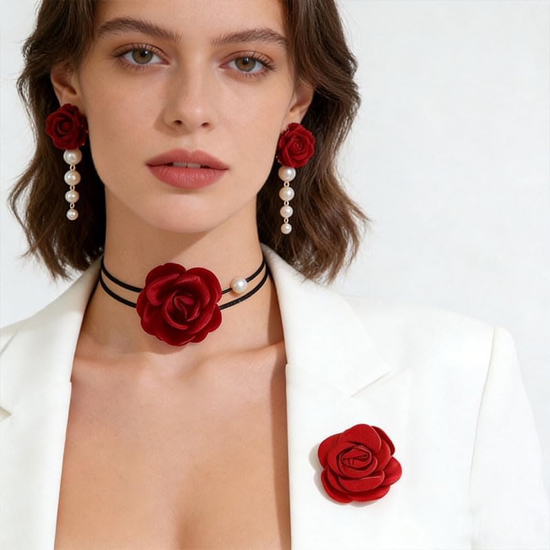 ONLYJUMP 3Pcs Red Velvet Rose Jewelry Set for Women Black Ribbon Necklace Pearl Tassel Earrings Chest Flower Vintage Floral Design Ideal Gift for Wedding Birthday Valentine's Day - Image 3