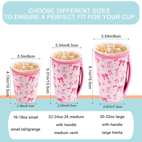 Image of KJQJLY 3 Pack Reusable Iced Coffee Sleeves for Iced Coffee Cups or Drinks Reusable Neoprene Insulated Sleeves for Hot and Cold Drinks from Starbucks, Dunkin, And More (Pink bow)