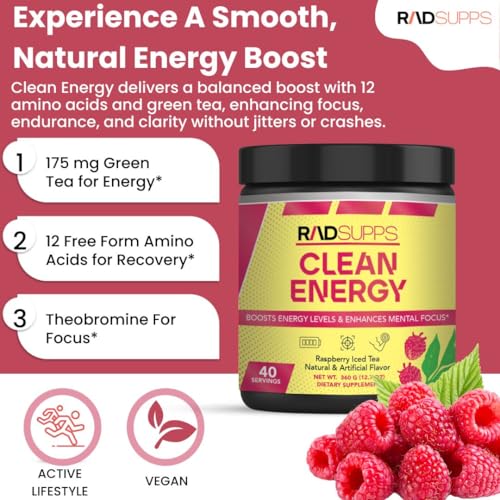 Image of Clean Energy - Pre Workout Powder for Men & Women with BCAAs Amino Acids, Energy Drink Powder, Amino Acid Energy Powder for Energy & Focus - 40 Servings (12.7 oz, Raspberry Iced Tea)