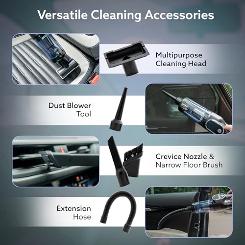 Image of AGARO Cordless Car Vacuum Cleaner, Portable Handheld Vacuum for Car & Home, 16 kPa High Power Suction, 5000 mAh Rechargeable Battery, Steel HEPA Filter, LED Light, Multiple Nozzles HVC7799