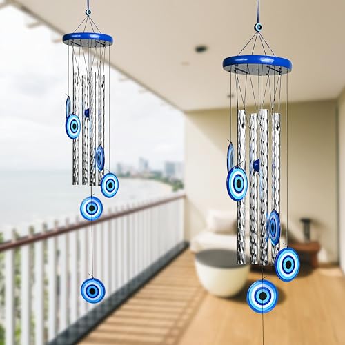 Image of ZAICUS Turkish Evil Eye Wind Chimes - Metal Hanging Decor for Home, Balcony, Entrance & Living Room - 27-inch Chime for Positive Energy & Housewarming Gift (4 Pipe)