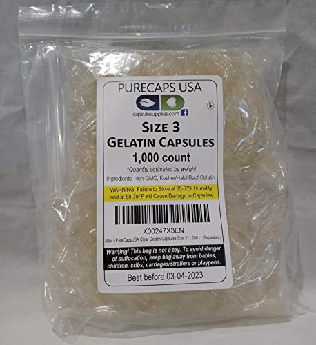 PureCapsUSA- Empty Clear Gelatin Capsules Size 3* (1,000 Capsules, Separated)
