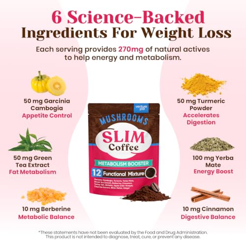 Image of Venture Pal Slim Mushroom Coffee, Weight Management & Energy, 40 Servings | 12 Functional with Berberine, Cinnamon, Yerba Mate, Turmeric, Garcinia Cambogia & Green Tea, Low Caffeine & Zero Calories