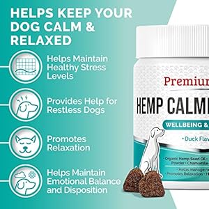 Premium care hemp calming chews for dogs anxiety  made in usa calming dog treats dog calming chews  anxiety relief treats dog barking deterrent anxiety relief for dogs 60 duck flavored chews   cucciolini doodles