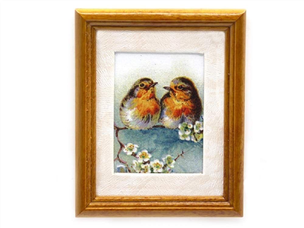 Dolls House Robins Picture Painting in Walnut Frame Miniature Bird Accessory