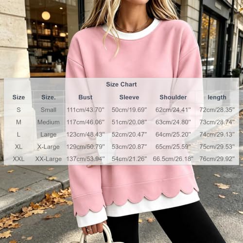 Scalloped Edge Sweatshirt Casual Crew neck Pullover Oversized Tops | Casual long sleeve pullover with scalloped hem, contrast trim, loose fit; cozy for fall work, travel, daily wear - image 5
