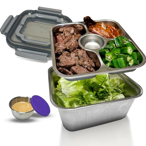 ENCYS Salad Container for Lunch Large-60-oz Salad Bowl with Lid,3 Compartment Bento-Style Tray and 1.5-oz Salad Dressings Container,Stainless Steel container with Lids, Lunch Box, Bento Box(Grey)