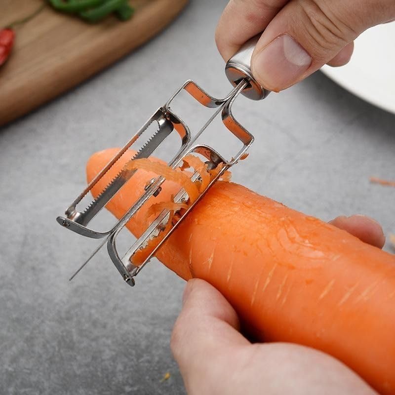 Image of Stainless Steel Julienne Vegetable Peeler Multi-Functional Fruit & Veggie Shredder Slicer and Grater for Potatoes, Carrots, Cucumbers (3-in-1 Julienne Serrated Peeler)