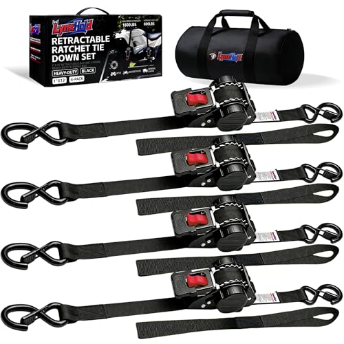 Image of Retractable Ratchet Straps 1 inch x 13Ft, Heavy Duty Self Retracting Tie Down Straps, 1800lb Break Strength Auto Retract Cargo Straps for Truck, Trailer, Motorcycle, ATV, UTV, (Black, 4 Pack)