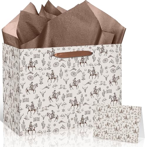Large Cowboy Gift Bag with Tissue Paper and Card Happy Birthday Gift Bags for Men Riding Horse Wild West Party Gift Bag Brown Rodeo Cowboy Wrapping Paper Western Theme Party Decor for Men Birthday