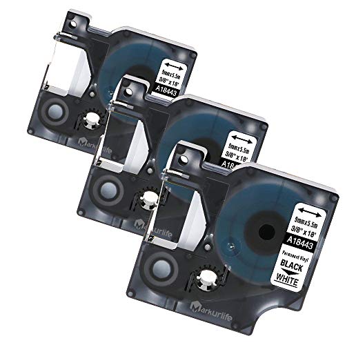 Markurlife kompatible Etikettenband als Ersatz für DYMO Rhino Vinylbänder 18443 Industrieband 9mm x 7m schwarz auf weiß für DYMO Rhino 4200, Dymo Rhino 5200, Dymo Rhino 6000