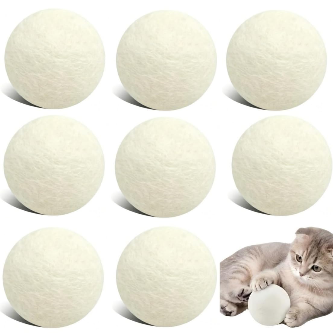 AITESEN Cat Balls Made of 100% Wool, Felt Balls for Cats (5 cm/2 Inch) - 8 Pieces Extra Large & Robust Cat Balls Quiet Toy Set, White & Natural - Ideal for Indoor Cats
