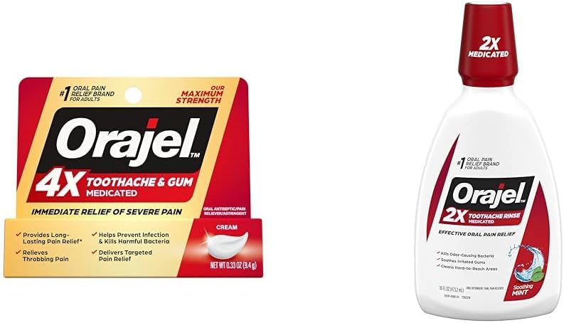 4X for Toothache & Gum Pain: Severe Cream Tube 0.33oz- from Oral Pain Relief Brand & Toothache Rinse, Analgesic Astringent, Soothing Mint, 16 fl oz