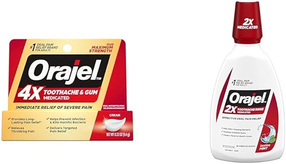 Orajel 4X for Toothache & Gum Pain: Severe Cream Tube 0.33oz- from Oral Pain Relief Brand & Toothache Rinse, Analgesic Astringent, Soothing Mint, 16 fl oz