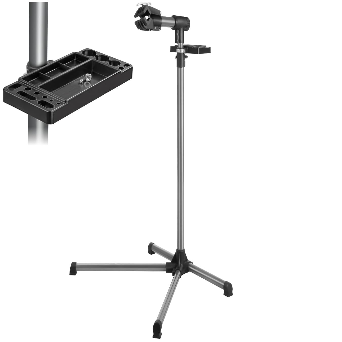 TecTake® Bike Repair Stand Jan, Up To 45 kg Suitable for All Standard Frame Sizes, Stable Bike Assembly Stand, Folding and Hight-Adjustable, 360° Rotation, Incl. Tool Tray - 90x60x155cm