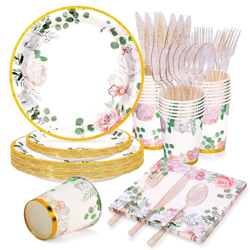 AWLZJZQA 168 PCS Floral Plates and Napkins Party Supplies Serve 24 Flower Disposable Paper Dinnerware Sets for Adults Bridal Shower Decorations Baby Shower Birthday Wedding Engagement Tea