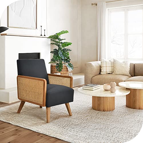 Hernest Accent Chair With Natural Rattan Armrest And Wood Legs, Upholstered Mid Century Modern Living Room Chair With Cushion Linen Comfy Lounge Chair Side Chair With Rattan For Bedroom, Dark Grey #TOP3