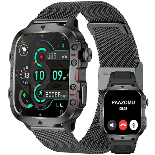 paazomu 2024 New Smartwatch Men's Rugged Military Bluetooth Call Sport Heart Rate IP68 Waterproof Outdoor Smart Watches for Android iOS (Black)