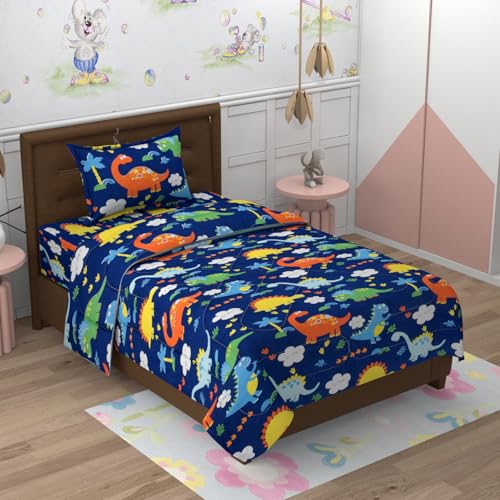 Image of Dino Combo Bed with Comforter for Kids | 60x90 Inch Soft & Cozy Bedding Set | Lightweight Pillow | Cute Dinosaur Print Single Bed Sheet