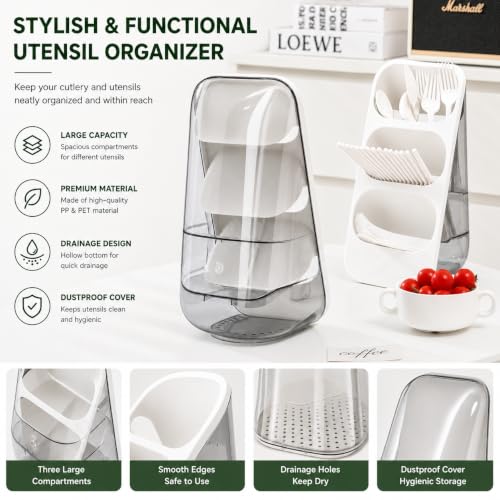 Image of Kitchen Utensil Holder with Drain Tray & Dustproof Cover | 3 Compartment Cutlery Organizer | Self Draining Countertop Storage Rack for Spoons Forks Chopsticks Kitchen Accessories (White)