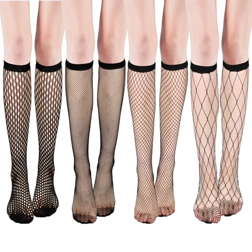 HekouJiub 4 pares meias de rede de nylon para mulher preto meias de rede ocos até ao joelho meias transparentes meias sexy de nylon para mulher meninas, Preto, Tamanho único