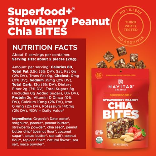 Navitas Organics Strawberry Peanut Chia Superfood+ BITES – Power Snacks – All Natural Plant Based – Clean Energy & Nutrition – USDA Organic, Non GMO, Gluten Free, Kosher, Vegan (8oz. Bag 11 Servings) - image 4
