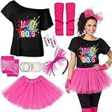 80er Jahre Outfit Damen Set - 80er kostüm Accessoires mit T-Shirt Tutu-Rock Stirnband Ohrring Neon Armband, Netzhandschuhe für Karneval Fasching Party Retro Mottoparty Kleidung (Large)